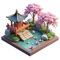 elegant traditional A tranquil Japanese garden with a koi pond, cherry blossoms in bloom, serene atmosphere, soft lighting, high resolution png