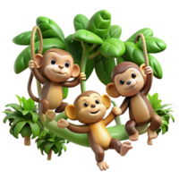 wonderful rustic A group of playful monkeys swinging through the jungle canopy, bathed in dappled sunlight, in a vibrant and energetic cartoon style genuine png