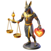 vibrant vintage Anubis, the jackal-headed god, weighing a human heart against a feather on golden scales, illuminated by flickering torchlight. Ancient Egyptian mural style high resolution png