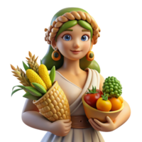 wonderful modern A benevolent Demeter, holding a sheaf of wheat and a cornucopia overflowing with fruits and vegetables. Earthy, Pre-Raphaelite style high quality png