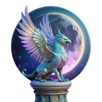 beautiful minimalist A majestic griffin with iridescent feathers, perched atop a crumbling stone pillar, bathed in the ethereal glow of a full moon. Intricate, Art Nouveau style authentic png