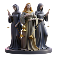 wonderful rustic The three Fates spinning, measuring, and cutting the thread of life, cloaked in shadows, dimly lit, neoclassical style, dramatic composition, premium png