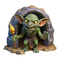 serene minimalist A mischievous Goblin scavenging in a dark cave, dimly lit, fantasy art style, detailed png