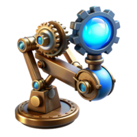 beautiful minimalist Steampunk robotic arm, intricate gears and pistons, holding a glowing blue orb, lit by a dramatic spotlight authentic png
