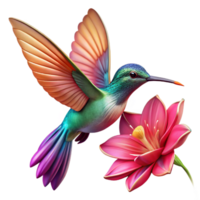 serene abstract A hummingbird hovering near a vibrant fuchsia flower, iridescent feathers catching the sunlight, dynamic pose, nature photography style high quality png