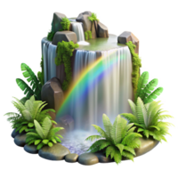 vibrant contemporary A cascading waterfall surrounded by lush green ferns, mist and spray creating a rainbow effect, realistic rendering, cinematic lighting 4K png