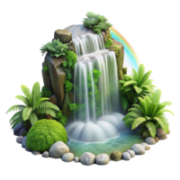 vibrant modern A cascading waterfall surrounded by lush green ferns, mist and spray creating a rainbow effect, realistic rendering, cinematic lighting high quality png