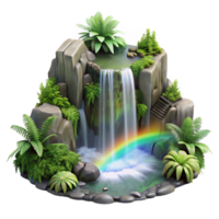 elegant rustic A cascading waterfall surrounded by lush green ferns, mist and spray creating a rainbow effect, realistic rendering, cinematic lighting exclusive png