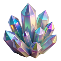 dramatic traditional A cluster of iridescent crystals, in varying shapes and sizes, with a refractive surface and a sparkling, ethereal lighting, rendered in a 3D style high resolution png