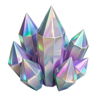 elegant contemporary A cluster of iridescent crystals, in varying shapes and sizes, with a refractive surface and a sparkling, ethereal lighting, rendered in a 3D style detailed png