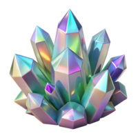 stunning rustic A cluster of iridescent crystals, in varying shapes and sizes, with a refractive surface and a sparkling, ethereal lighting, rendered in a 3D style premium png