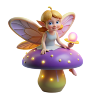 magnificent creative A mischievous pixie with iridescent wings, perched on a giant mushroom, surrounded by glowing fireflies, whimsical style, soft diffuse lighting high quality png