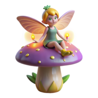 impressive contemporary A mischievous pixie with iridescent wings, perched on a giant mushroom, surrounded by glowing fireflies, whimsical style, soft diffuse lighting premium png