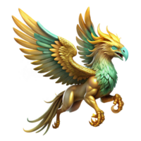 serene creative A majestic griffin with golden feathers and piercing emerald eyes, soaring through a swirling nebula, epic fantasy style, vibrant cosmic lighting high resolution png