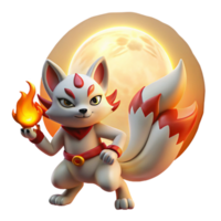serene contemporary A mischievous Japanese kitsune, with nine flowing tails of fire, dances under a full moon, illustrated in a vibrant anime style with soft, glowing light original png