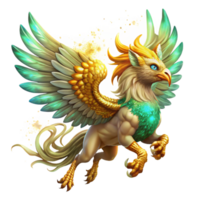 dramatic creative A majestic griffin with golden feathers and piercing emerald eyes, soaring through a swirling nebula, epic fantasy style, vibrant cosmic lighting high quality png