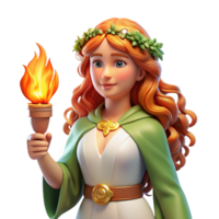 extraordinary contemporary A serene Celtic goddess, Brigid, with flowing red hair adorned with wildflowers, holds a flaming torch, painted in a Pre-Raphaelite style with soft, diffused light genuine png
