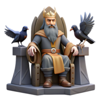 beautiful vintage A wise Norse god, Odin, with one eye, perched on his throne, two ravens flanking him, rendered in a gritty, realistic style with dim, atmospheric lighting high quality png
