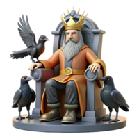 magnificent modern A wise Norse god, Odin, with one eye, perched on his throne, two ravens flanking him, rendered in a gritty, realistic style with dim, atmospheric lighting high resolution png
