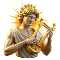 serene rustic The Greek god Apollo, playing a golden lyre, surrounded by radiant sunlight, depicted in a classical sculptural style with smooth, polished textures 4K png
