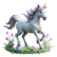 magnificent artistic A majestic unicorn with a silver horn and flowing white mane, galloping through a field of wildflowers, fantasy art style, vibrant, magical lighting original png