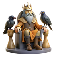 elegant traditional A wise Norse god, Odin, with one eye, perched on his throne, two ravens flanking him, rendered in a gritty, realistic style with dim, atmospheric lighting exclusive png