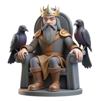 vibrant traditional A wise Norse god, Odin, with one eye, perched on his throne, two ravens flanking him, rendered in a gritty, realistic style with dim, atmospheric lighting high quality png