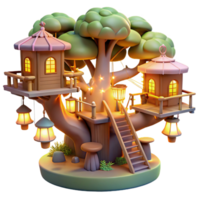 dramatic traditional A whimsical, treehouse village connected by rope bridges and glowing lanterns, whimsical fantasy art style, warm, inviting lighting premium png