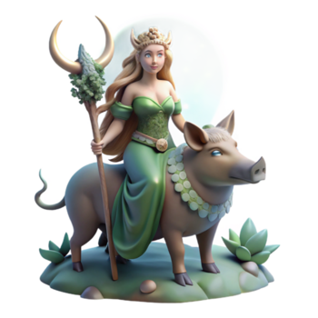 magnífico clássico uma benevolente céltico deusa do a floresta, arduina, equitação uma selvagem javali através uma enluarada floresta, rendido dentro uma romântico estilo com macio, etéreo luz exclusivo png