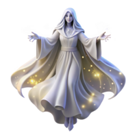 vibrant classic A graceful, ethereal spirit with flowing white robes and glowing aura, floating amidst a starry sky, celestial fantasy art style, ethereal starlight premium png