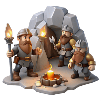 lugn konstnärlig en grupp av modig dvärgar brytning för Ädelsten i en vagt belyst grotta, dvärg fantasi konst stil, flimmer fackelsken exklusiv png