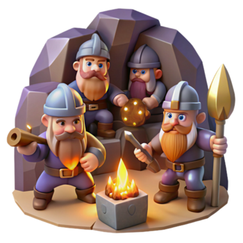 fantastisk abstrakt en grupp av modig dvärgar brytning för Ädelsten i en vagt belyst grotta, dvärg fantasi konst stil, flimmer fackelsken premie png