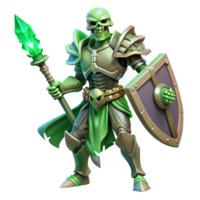 stunning traditional A powerful, skeletal warrior wielding a spectral sword and shield, undead fantasy art style, eerie green lighting high quality png