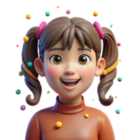 stunning abstract Portrait of a young girl with pigtails and a playful expression, lit by bright, colorful confetti, in a whimsical, childlike style authentic png