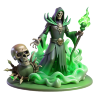 wonderful modern A sinister necromancer summoning a skeletal warrior from the ground, surrounded by swirling green mist. Macabre, dark fantasy style genuine png