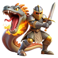 serene modern A courageous knight battling a monstrous hydra, his sword flashing in the firelight. Heroic, realistic style premium png