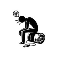 Person sitting on a battery representing exhaustion and the need for recharging after a long day of stressful activities vector