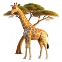 magnificent artistic A graceful giraffe reaching for acacia leaves, bathed in the warm glow of a setting sun, African savanna wildlife photography style exclusive png