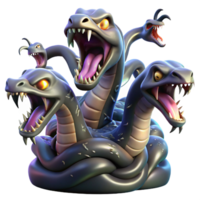 vibrant contemporary A fearsome hydra, its multiple heads hissing and spitting venom, emerging from a dark swamp, lit by flashes of lightning. Surrealist style high resolution png