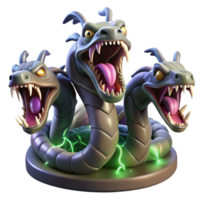 dramatic abstract A fearsome hydra, its multiple heads hissing and spitting venom, emerging from a dark swamp, lit by flashes of lightning. Surrealist style high resolution png