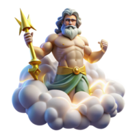 serene vintage A powerful Zeus, wielding a lightning bolt, standing atop Mount Olympus, surrounded by swirling clouds. Classical Greek style high resolution png