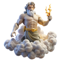 impressive classic A powerful Zeus, wielding a lightning bolt, standing atop Mount Olympus, surrounded by swirling clouds. Classical Greek style original png