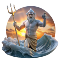 extraordinary abstract A benevolent Poseidon, his trident raised high, commanding the waves, in a turbulent ocean, lit by a dramatic sunset. Romantic style professional png