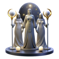 impressive modern A three-faced Hecate, representing maiden, mother, and crone, standing at a crossroads, bathed in moonlight. Art Deco style 4K png