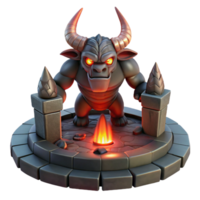 beautiful creative A powerful minotaur with glowing red eyes, trapped within a labyrinth of dark stone, lit by flickering torches, in a dark fantasy style authentic png
