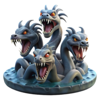 dramatic minimalist A terrifying hydra with multiple snarling heads, rising from a swampy mire, under a stormy sky, in a dark, visceral style exclusive png
