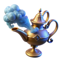 magnificent traditional A powerful djinn emerging from a swirling cloud of smoke inside a ornate brass lamp, illuminated by an internal glow, in an Arabian Nights style high resolution png