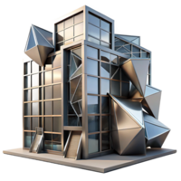 serene rustic Deconstructivist office building, fragmented forms, metallic cladding, dramatic shadows, cyberpunk aesthetic, digital art high quality png