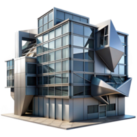 extraordinary contemporary Deconstructivist office building, fragmented forms, metallic cladding, dramatic shadows, cyberpunk aesthetic, digital art original png