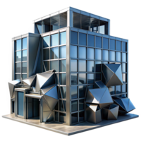 dramatic creative Deconstructivist office building, fragmented forms, metallic cladding, dramatic shadows, cyberpunk aesthetic, digital art professional png